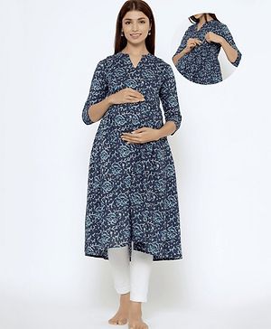 CRAFIQA Three Fourth Sleeves Floral Printed Maternity Kurta With Concealed Zipper Nursing Access - Indigo