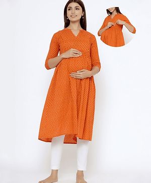 CRAFIQA Three Fourth Sleeves Dots Printed Maternity Kurta With Concealed Zipper Nursing Access - Orange