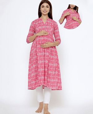 CRAFIQA Three Fourth Sleeves Abstract Printed Maternity Kurta With Concealed Zipper Nursing Access - Pink