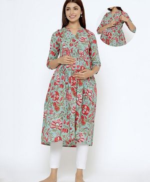 CRAFIQA Three Fourth Sleeves Floral Printed Maternity Kurta With Concealed Zipper Nursing Access - Turquoise