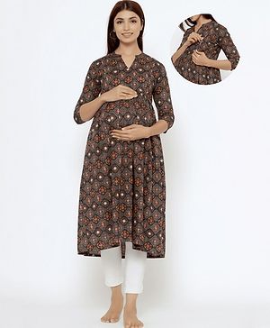 CRAFIQA Three Fourth Sleeves Floral Printed Maternity Kurta With Concealed Zipper Nursing Access - Black & Grey