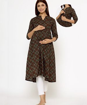 CRAFIQA Three Fourth Sleeves Floral Printed Maternity Kurta With Concealed Zipper Nursing Access - Dark Green