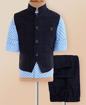 Noddy Full Sleeves Diamond Motif Printed Shirt With Checked Blazer & Pant Set - Light & Navy Blue