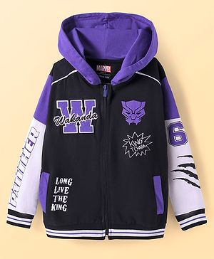 Pine Kids Marvel Terry Knit Full Sleeves Hooded Sweatjacket with Front & Back Black Panther Graphics & Pocket Detailing - Purple & Black