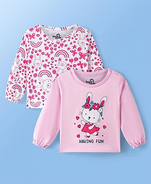 Doodle Poodle 100% Cotton Knit Full Sleeves Heart & Kitty Print Tops Pack of 2 - White & Pink