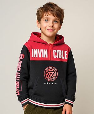 Pine Kids Marvel Terry Knit Full Sleeves Hooded Sweatshirt With Iron Man Graphics - Black & Red