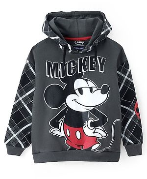 Pine Kids Disney Knitted Full Sleeves Drop Shoulder Hooded Sweatshirts  with Mickey Mouse Graphic and Badge Detailing- Grey