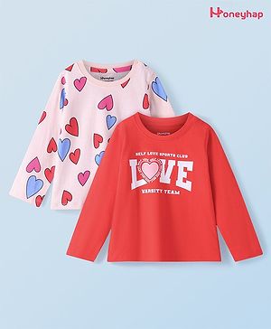 Honeyhap Premium 100% Cotton Knit Full Sleeves Tops with Heart & Text Print Pack of 2 - Pink Dogwood &  High Risk Red