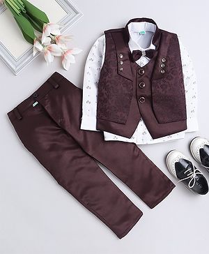 Fourfolds Full Sleeves Abstract  Printed Shirt With Waistcoat Pant & Bow -  Wine