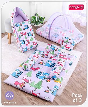 Babyhug Premium Bedding Super Saver Combo Fox Print Set of 3 - Lilac| 100% Cotton Fabric| New Born Gifting Option| For Boys and Girls| Pillows and Bolsters| Light Weight and Travel Friendly| Baby Safe Material| Delicate on Baby's skin| Breathable Fab