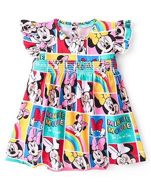 Babyhug Disney Knit Frill Sleeves Frock Style Onesie with Minnie Mouse Print - Multicolour