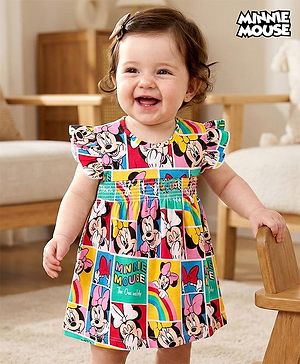 Babyhug Disney Knit Frill Sleeves Frock Style Onesie with Minnie Mouse Print - Multicolour