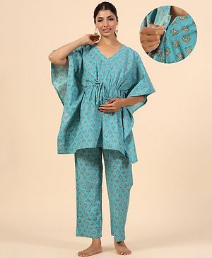 Ikk Kudi by Seerat Cotton Woven Three Fourth Batwing Sleeves Floral Motif Printed Kaftan Top With Zipper Nursing Access & Pant Set - Turquoise