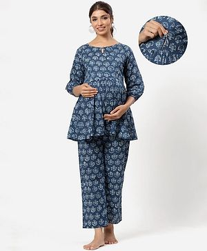 Ikk Kudi by Seerat Cotton Woven Three Fourth Sleeves Motif Printed Peplum Top With Zipper Nursing Access & Pant Set - Green