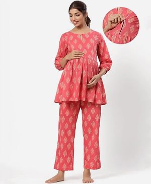 Ikk Kudi by Seerat Cotton Woven Three Fourth Sleeves Motif Printed Peplum Top With Zipper Nursing Access & Pant Set - Pink