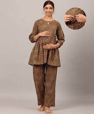 Ikk Kudi by Seerat Cotton Woven Three Fourth Sleeves Motif Printed Peplum Top With Zipper Nursing Access & Pant Set - Mustard