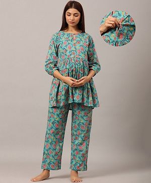 Ikk Kudi by Seerat Cotton Woven Three Fourth Sleeves Floral Printed Peplum Top With Zipper Nursing Access & Pant Set - Turquoise