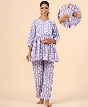 Ikk Kudi by Seerat Cotton Woven Three Fourth Sleeves Floral Printed Peplum Top With Zipper Nursing Access & Pant Set - Purple
