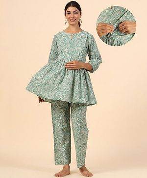 Ikk Kudi by Seerat Cotton Woven Three Fourth Sleeves Floral & Paisley Printed Peplum Top With Zipper Nursing Access & Pant Set - Green