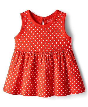 Babyhug Single Jersey Knit Sleeveless Frock With Polka Dot Print - Red