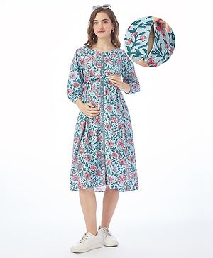 Bella Mama Woven Three Fourth Sleeves Floral Printed Maternity Dress With Pockets - Red & Green