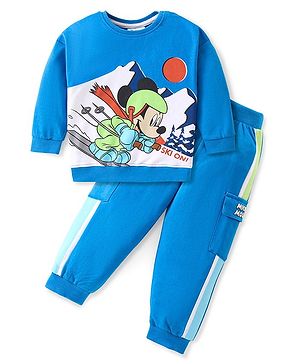 Babyhug Disney Cotton Knit Full Sleeves Sweatshirt & Lounge Pants Set With Mickey Mouse Front & Back Graphics - Blue