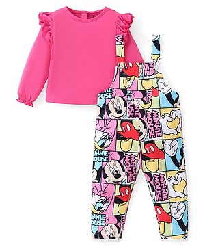 Babyhug Disney  Dungaree With Full Sleeves Top and Minnie Mouse & Friends All Over Print & Pocket Detailing - Pink