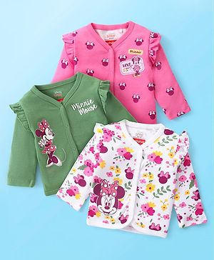 Babyhug Disney Cotton Knit Full Sleeves Jablas with Frill Detailing Minnie Mouse Print Pack of 3 - White Pink & Green