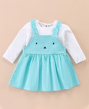 ToffyHouse Cotton Knit Frocks & Full Sleeves Inner Tee with Bear Applique -Sky Blue