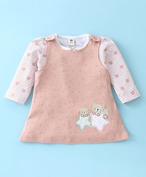 ToffyHouse Cotton Knit Full Sleeves T-Shirt with Frock Bear & Star Print - White & Peach