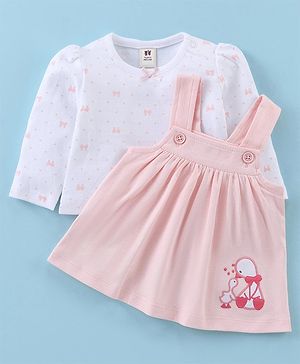 ToffyHouse Cotton Knit Full Sleeves Bow Printed T-Shirt & Duck Embroidered Frock - Light Peach