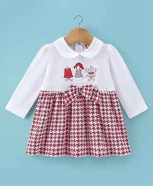 ToffyHouse Cotton Knit Full Sleeves Mandarin Collar Frock with Bow Applique & Doll Patch - White & Red