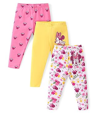 Babyhug Disney Lycra Knit Full Length Leggings with Minnie Mouse Print Pack of 3 - Pink Yellow & White