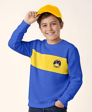 Pine Kids Cotton Knit Full Sleeves Sweatshirt With Cut & Sew Design & Game Print - Blue
