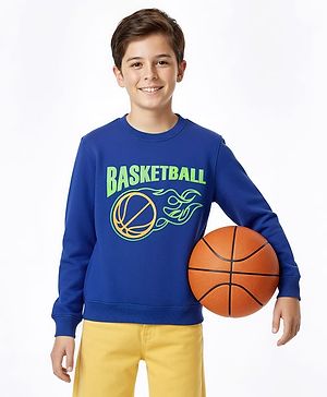 Pine Kids Cotton Knit Full Sleeves Sweatshirt with Basketball Print - Blue