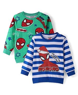 Babyhug Marvel Knit Full Sleeves Sweatshirts With Spider Man Graphics Pack of 2 - Green & White