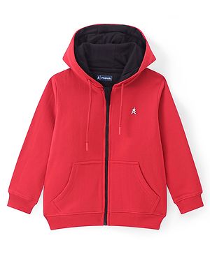 Pine Kids Knit Full Sleeves Hooded Solid Colour Sweatshirt with Kangaloo Pockets- Red