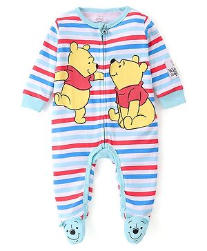 Babyhug Disney Cotton Knit Full Sleeves Sleep Suit With Winnie The Pooh Graphics & Badge Detail - Multicolor