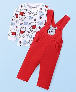 Babyhug Disney Knit Full Sleeves Winnie The Pooh Graphic T-Shirt Terry Dungaree Set & Applique Detailing Dungaree - Red