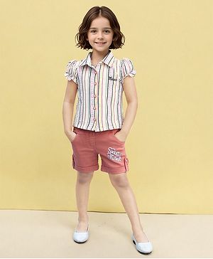 TOONYPORT Cotton Half Sleeves Striped Top & Shorts Set - Peach