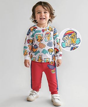 Babyhug Disney Single Jersey Knit Full Sleeves T-Shirt & Joggers Set With Lion King & Badge Detailing - Red & White