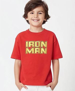 Pine Kids Marvel Terry Knit  Half Sleeves Oversized T-Shirt With Iron Man Graphic and Metallic Effect - Red