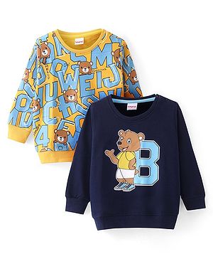 Babyhug Cotton Knit Full Sleeves Sweatshirts With Bear & Alphabates Print Pack of 2 - Navy Blue & Yellow