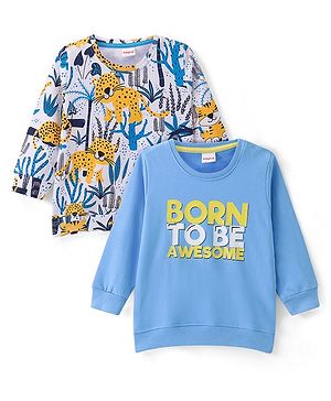 Babyhug Knit Full Sleeves Sweatshirts With Animal & Text Graphics Pack of 2 - Blue