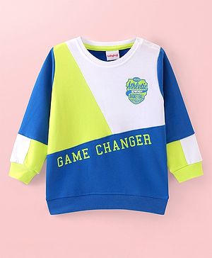 Babyhug Cotton Knit Full Sleeves Sweatshirts With Colour Block Design & Text Print - Blue