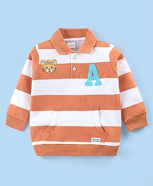 Babyhug Cotton Full Sleeves Striped Sweatshirt With Tiger Graphics & Oversized Print - Light Brown