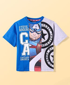 Pine Kids Marvel Terry Knit Half Sleeves Cut & Sew Designed Light Weight T-Shirt with Captain America Graphics - Blue & White
