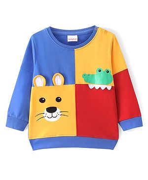 Babyhug Cotton Knit Full Sleeves Sweatshirt With Cut & Sew Design & Animal Applique - Multicolour