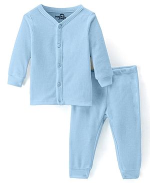 Doodle Poodle Cotton Knit Full Sleeves Solid Color Thermal Vest & Pant - Blue