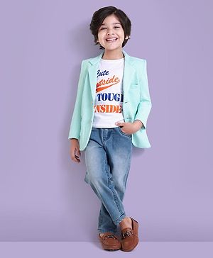 Babyhug Woven Full Sleeves Text Printed T-Shirt & Jeans Set with Blazer - Turquoise